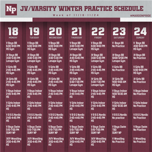 JV/V Winter Practice Schedule